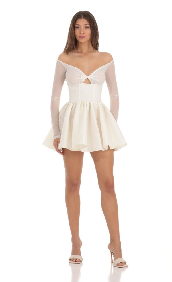 Off Shoulder Mesh Twist Cutout Flair Dress in White - Image 4