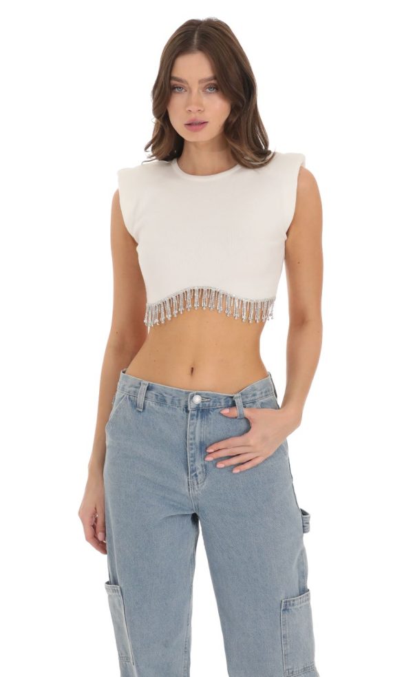 Rhinestone Fringe Knit Top in White