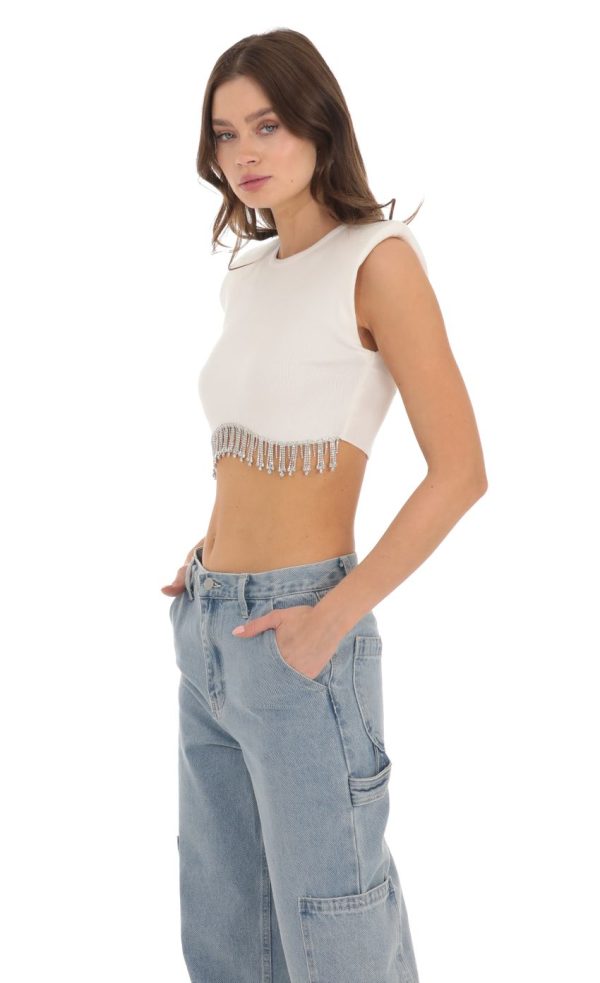 Rhinestone Fringe Knit Top in White - Image 3