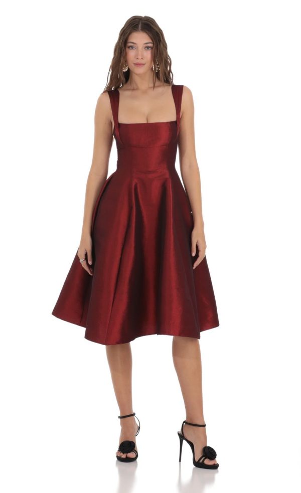 Square Neck Flare Midi Dress in Maroon - Image 2