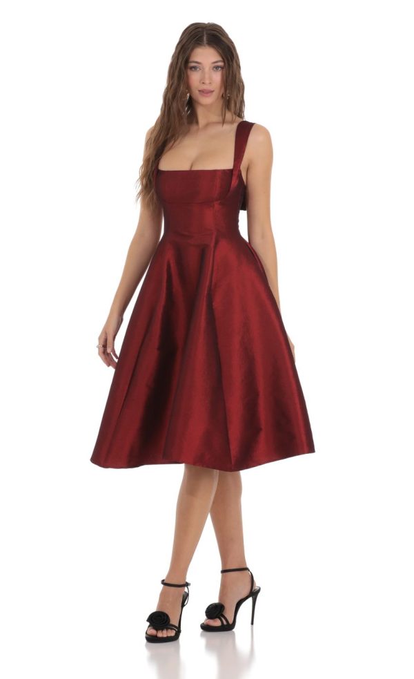 Square Neck Flare Midi Dress in Maroon - Image 3