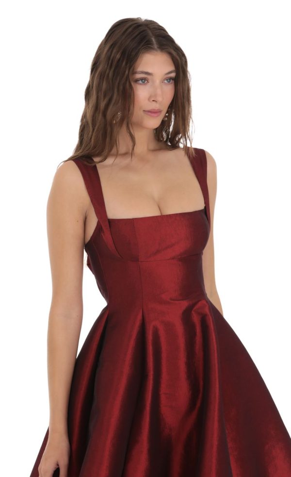 Square Neck Flare Midi Dress in Maroon - Image 4