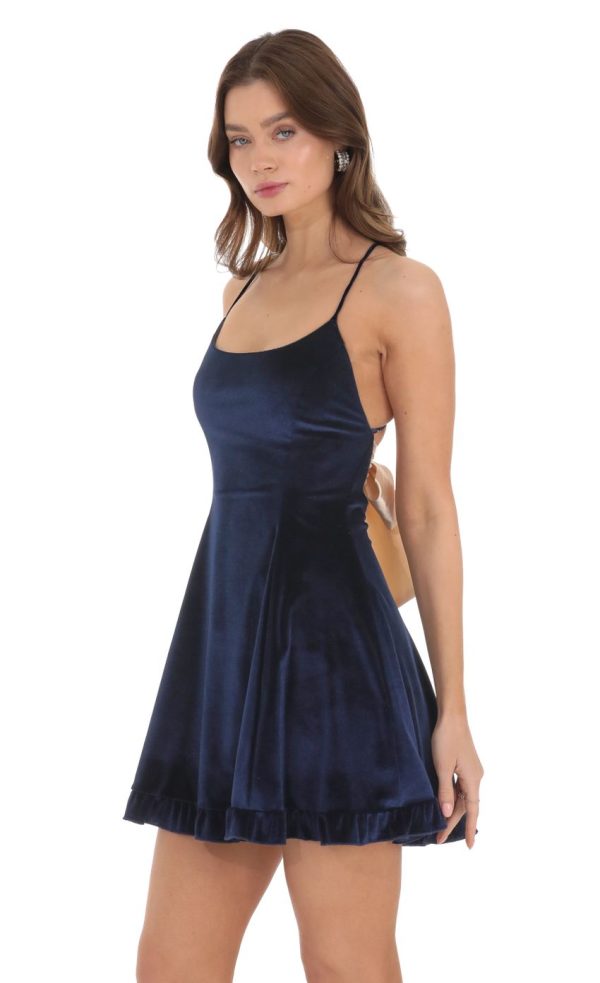 Velvet Satin Ties Dress in Navy - Image 3
