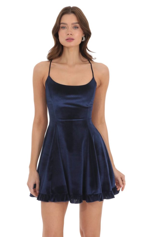 Velvet Satin Ties Dress in Navy - Image 4
