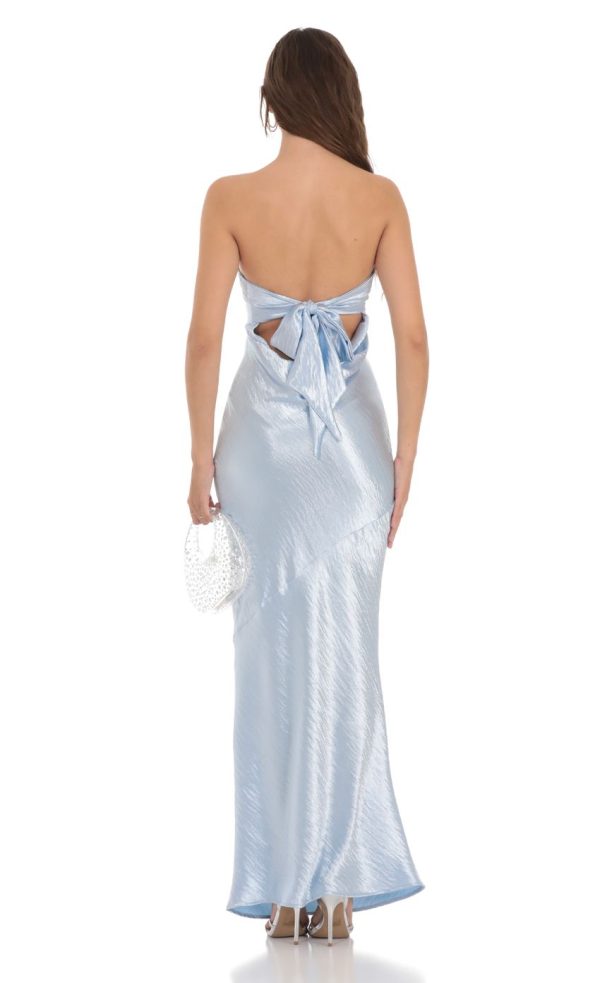 Strapless Satin Open Back Maxi Dress in Light Blue - Image 2