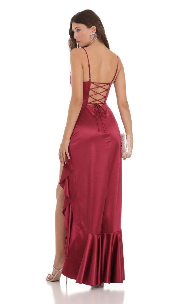 Satin Ruffle Maxi Dress in Maroon - Image 2