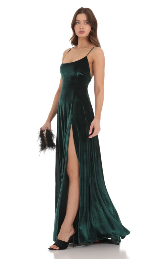 Velvet Double Slit Maxi Dress in Green - Image 3