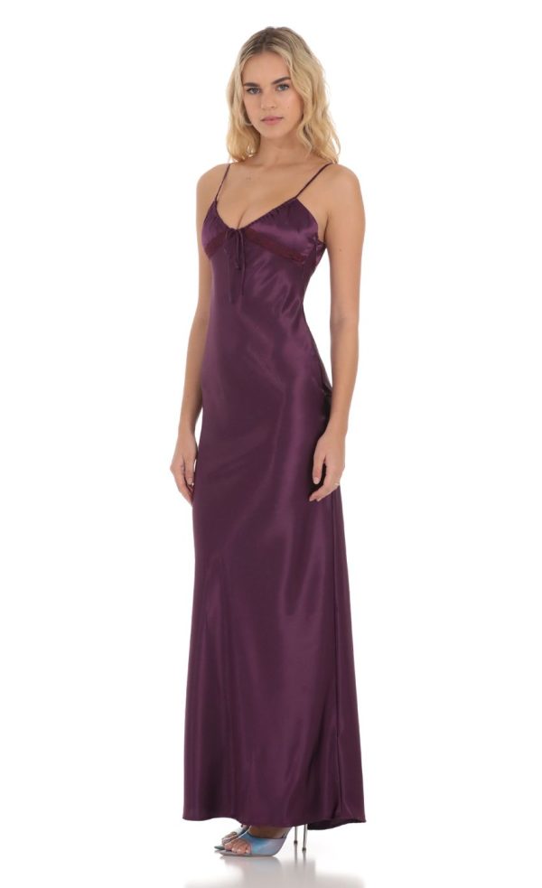 Satin Front Tie Maxi Dress in Purple - Image 3