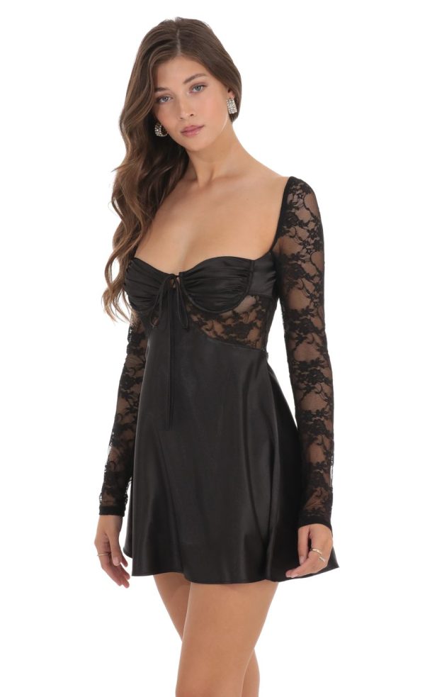 Long Sleeve Lace Satin Dress in Black - Image 3