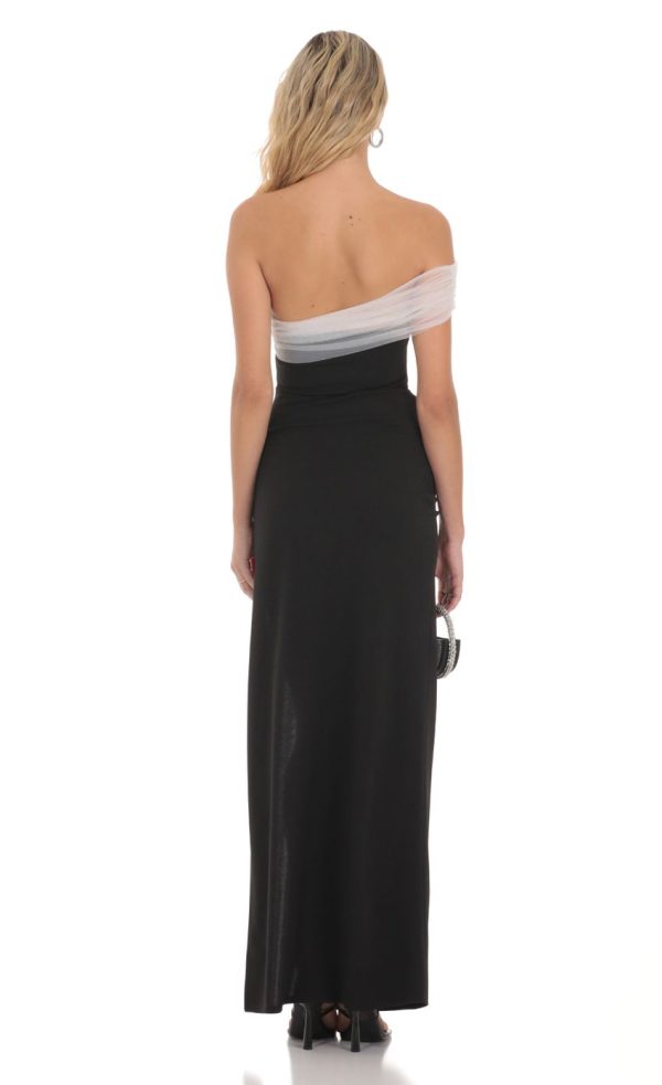 Off Shoulder Tulle Sleeve Maxi Dress in Black - Image 2