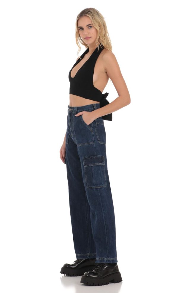 Wide Leg Cargo Jeans in Dark Denim