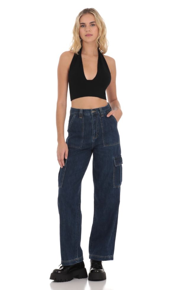 Wide Leg Cargo Jeans in Dark Denim - Image 3