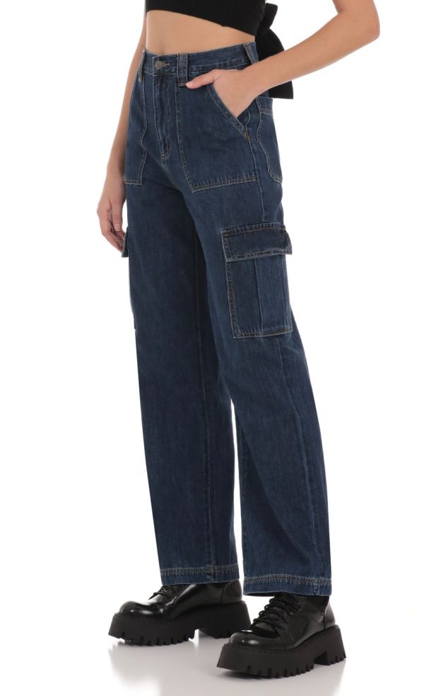 Wide Leg Cargo Jeans in Dark Denim - Image 4
