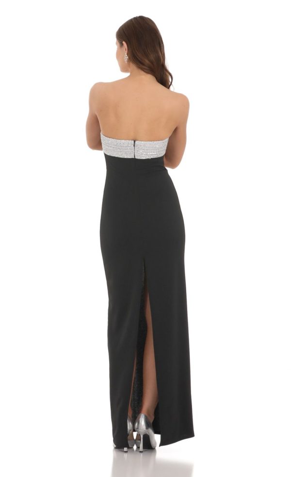 Strapless White Sequin Maxi Dress in Black - Image 2