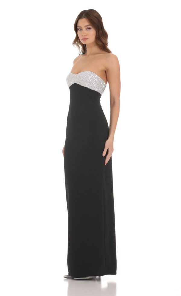 Strapless White Sequin Maxi Dress in Black - Image 3