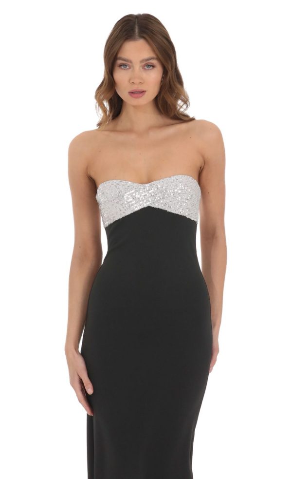 Strapless White Sequin Maxi Dress in Black - Image 4