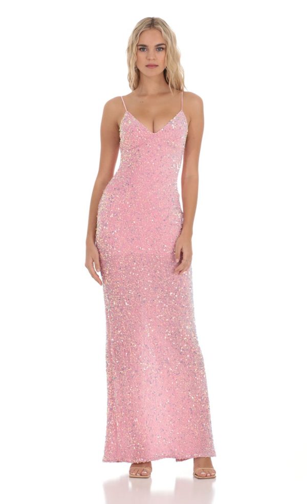 Velvet Sequin Back Bow Maxi Dress in Pink - Image 2