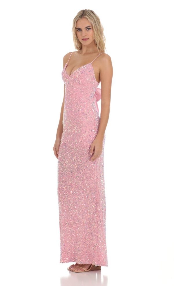 Velvet Sequin Back Bow Maxi Dress in Pink - Image 3