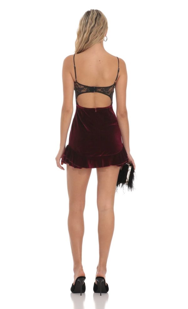 Lace Hook Velvet Ruffle Dress in Burgundy - Image 2