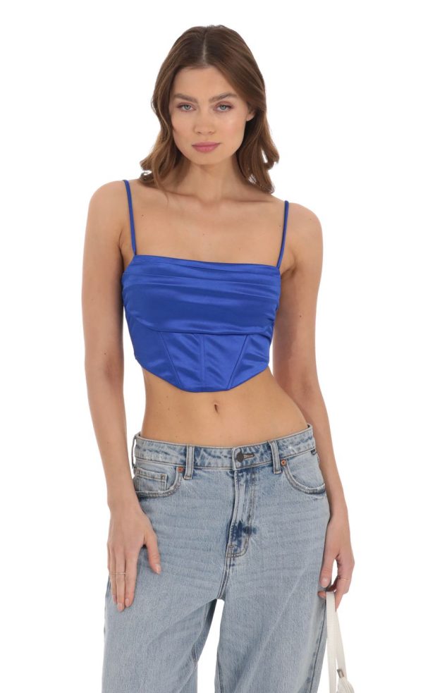Satin Corset Crop Top in Royal Blue