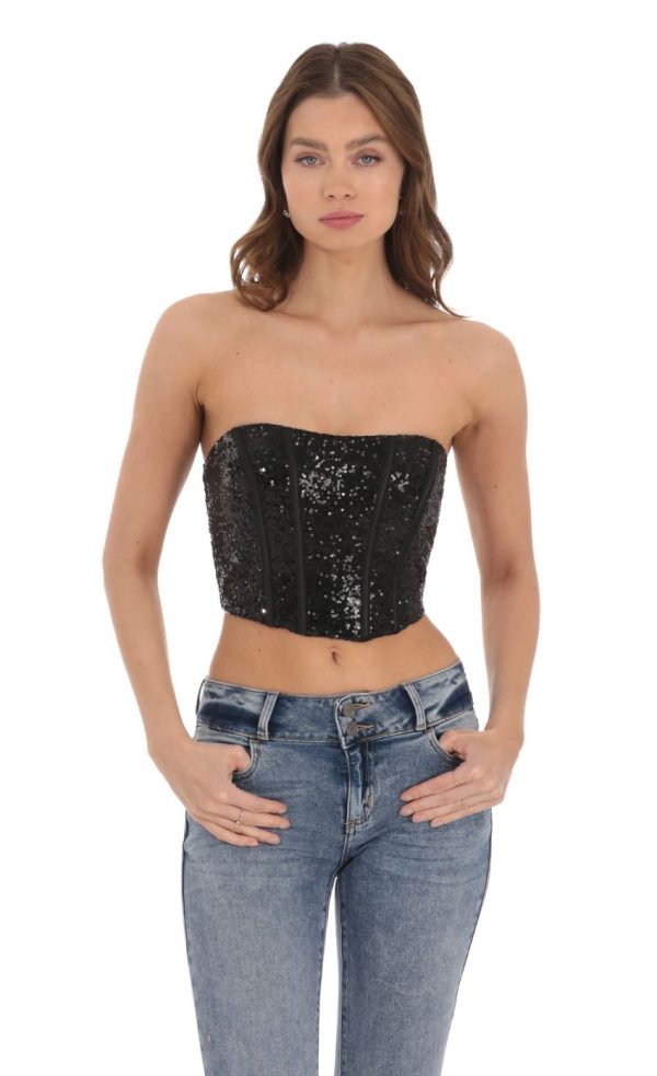 Sequin Strapless Corset Top in Black