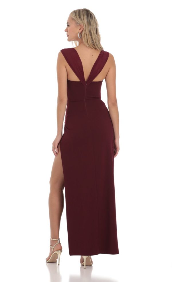 Mesh Draped Corset Maxi Dress in Burgundy - Image 2