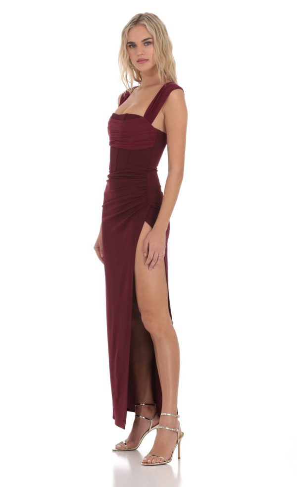 Mesh Draped Corset Maxi Dress in Burgundy - Image 3
