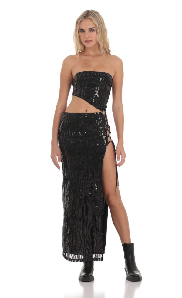 Strapless Sequin Cutout Maxi Dress in Black