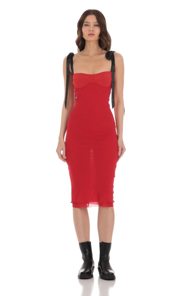 Mesh Black Shoulder Ties Midi Dress in Red