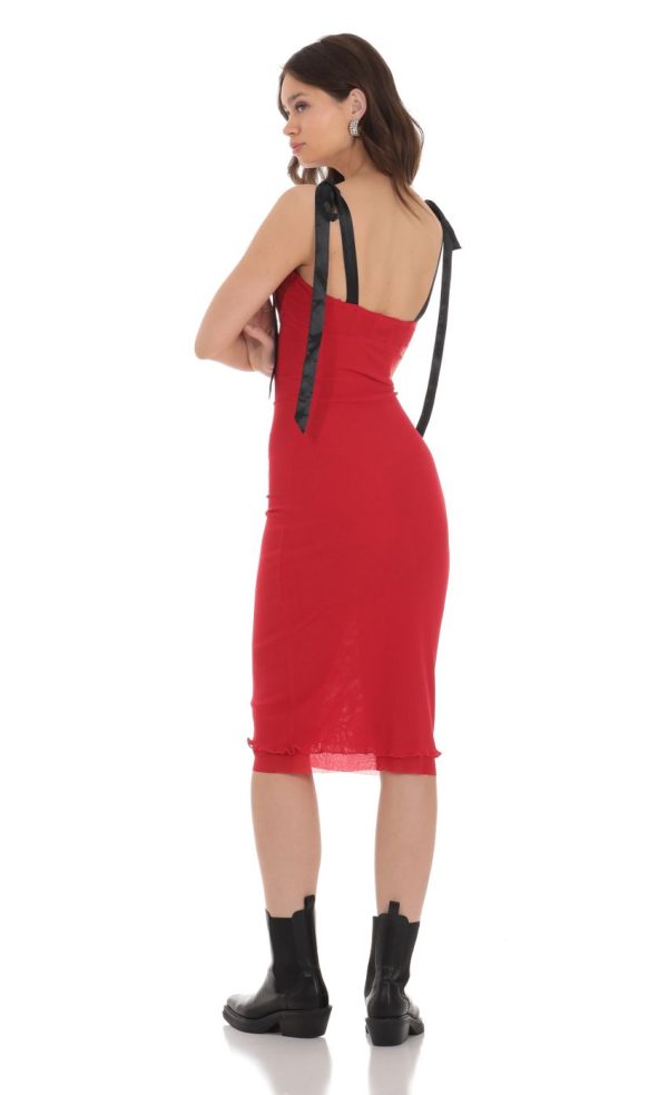 Mesh Black Shoulder Ties Midi Dress in Red - Image 2