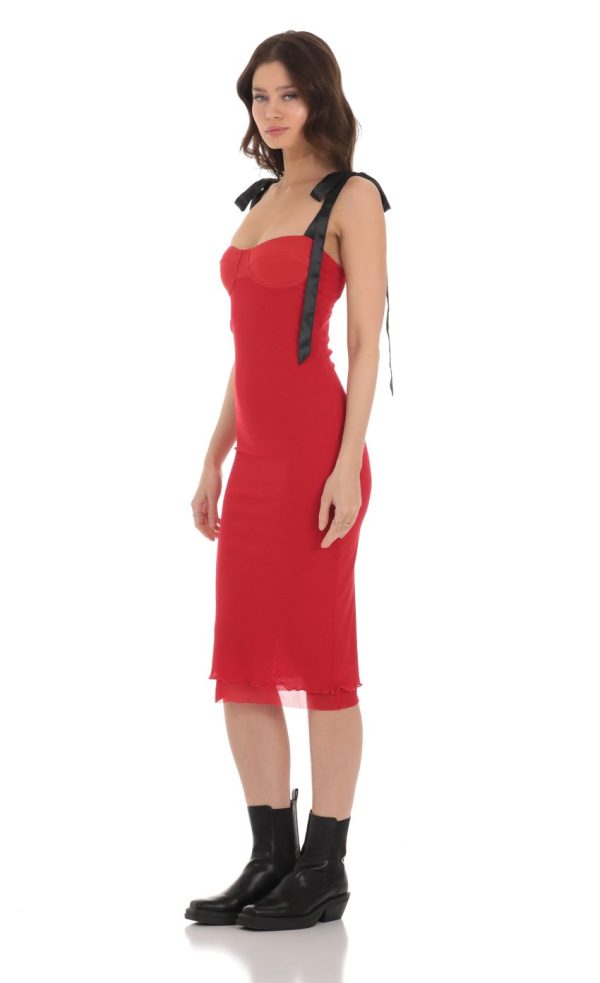 Mesh Black Shoulder Ties Midi Dress in Red - Image 3