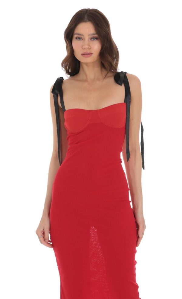 Mesh Black Shoulder Ties Midi Dress in Red - Image 4