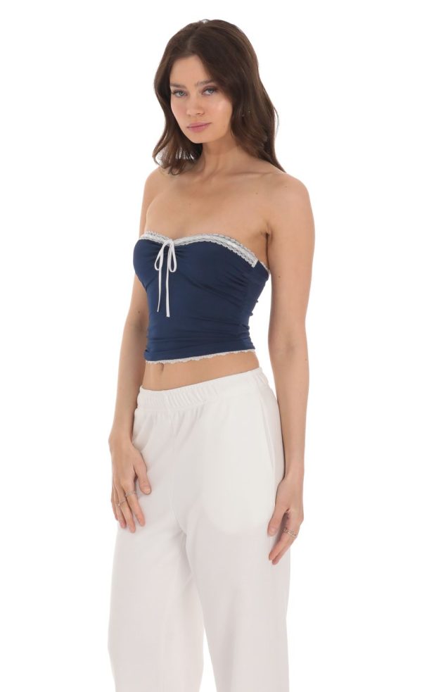 Strapless White Lace Top in Navy - Image 3