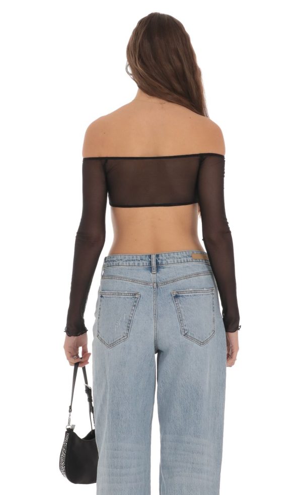 Off Shoulder Mesh Top in Black - Image 2