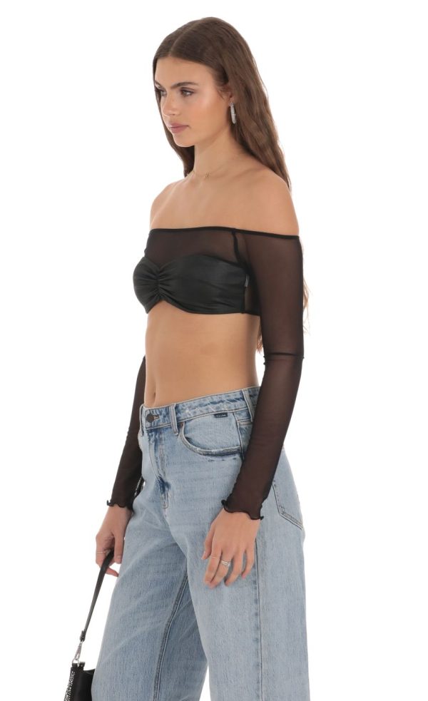 Off Shoulder Mesh Top in Black - Image 3