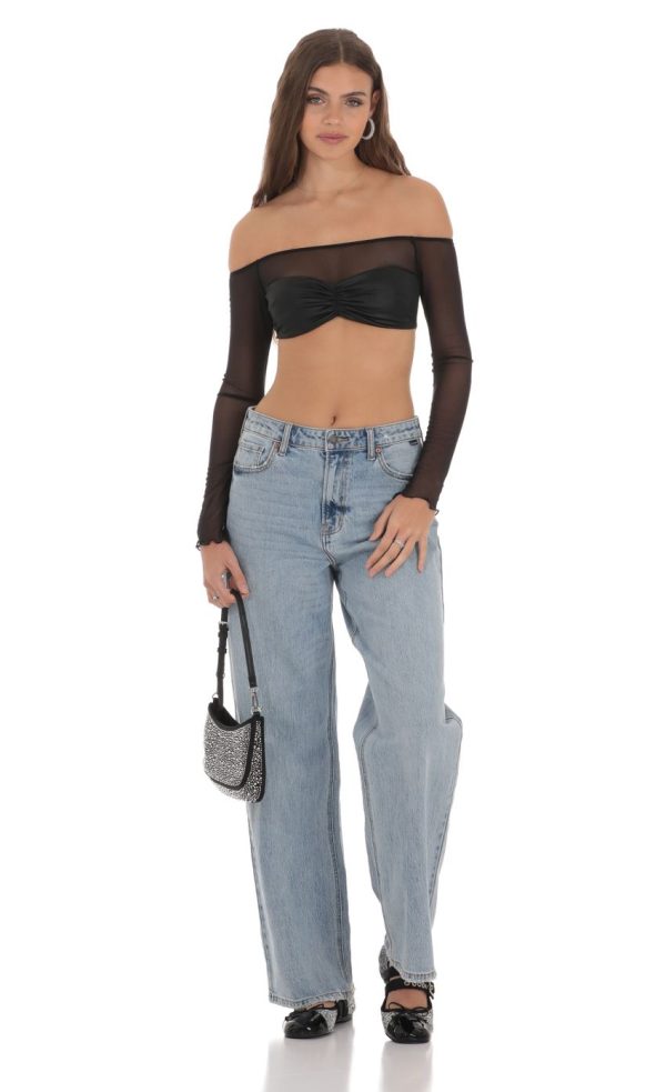 Off Shoulder Mesh Top in Black - Image 4