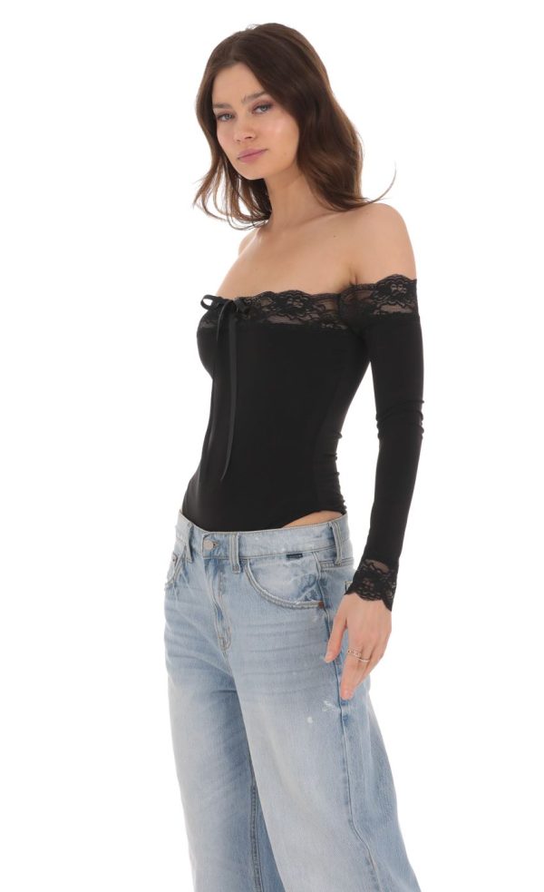 Off Shoulder Lace Bodysuit in Black - Image 3