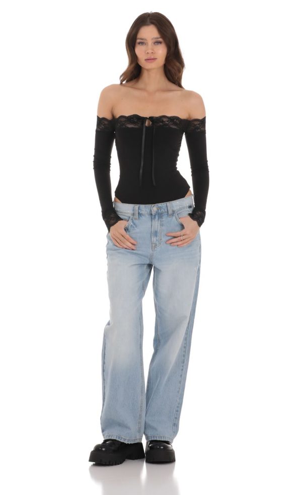 Off Shoulder Lace Bodysuit in Black - Image 4