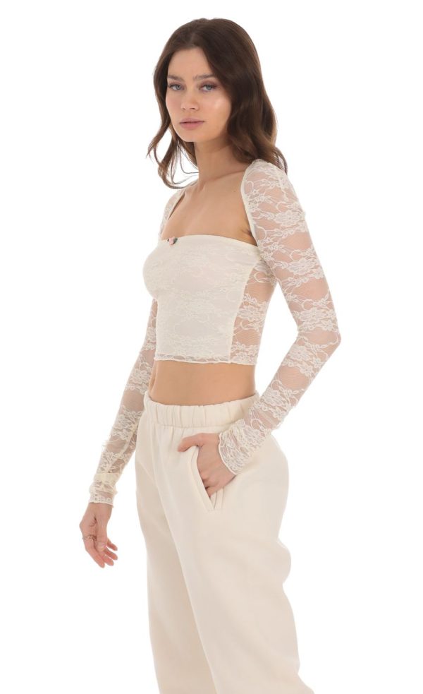 Lace Long Sleeve Top in Cream - Image 3
