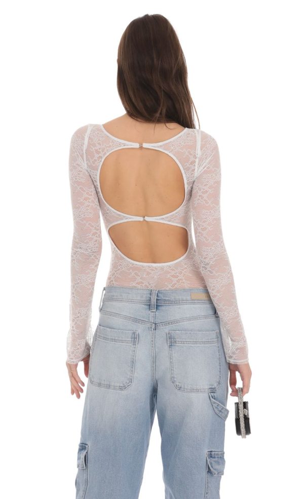 Long Sleeve Lace Bodysuit in White - Image 2