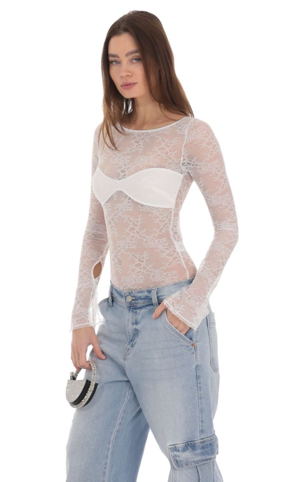 Long Sleeve Lace Bodysuit in White - Image 3