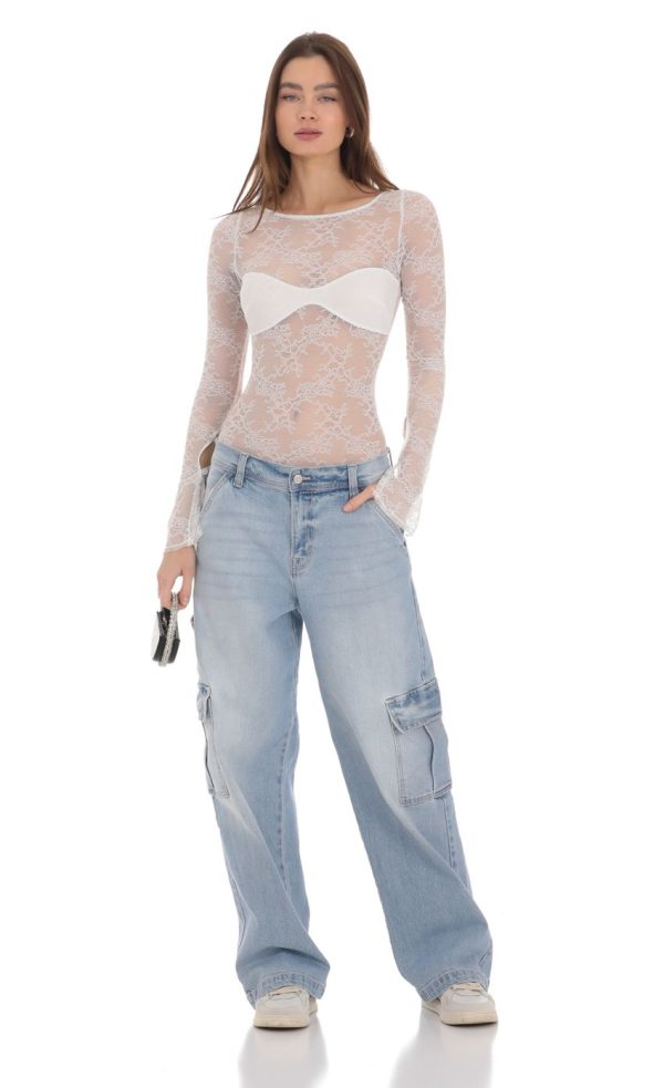 Long Sleeve Lace Bodysuit in White - Image 4