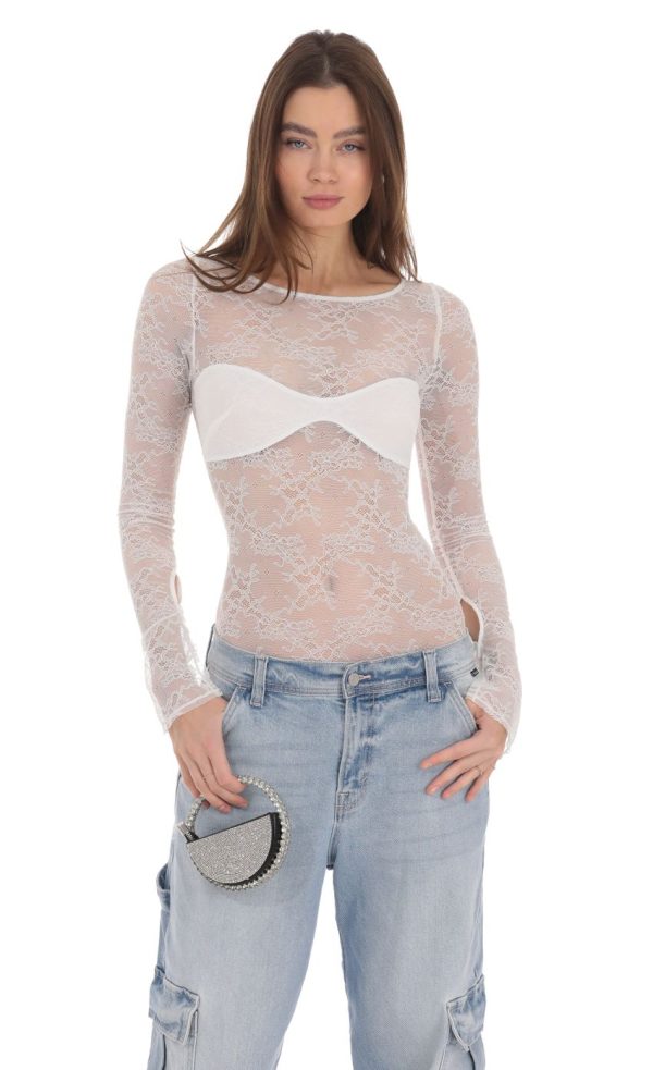 Long Sleeve Lace Bodysuit in White - Image 5