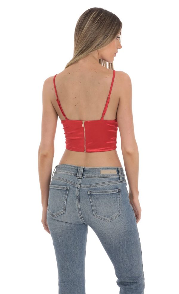 Satin V-Neck Crop Top in Red - Image 2