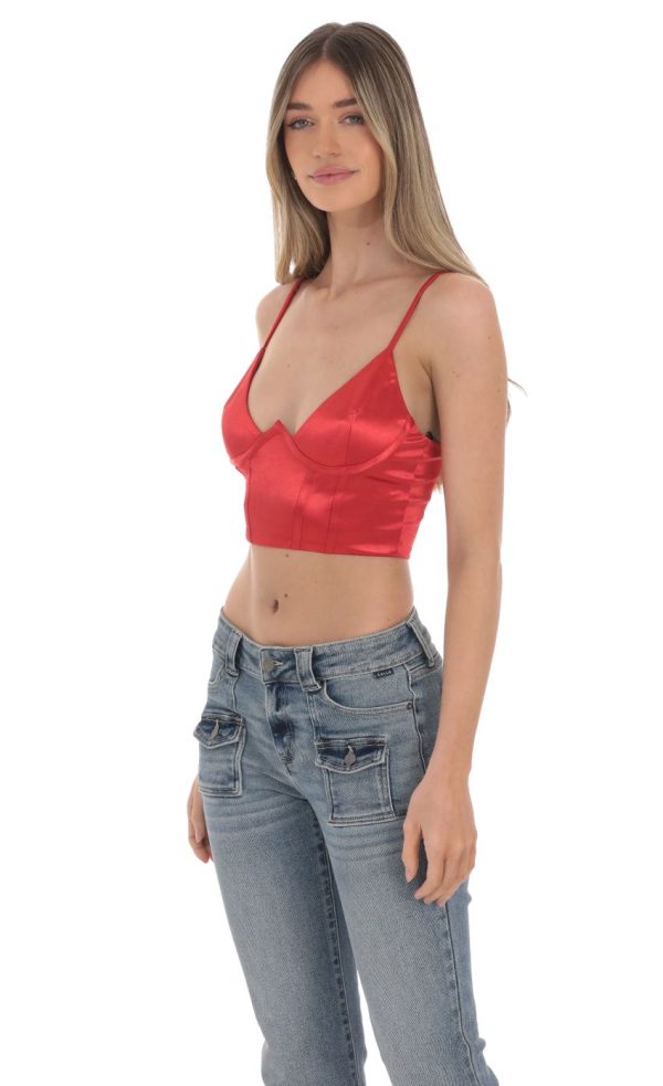 Satin V-Neck Crop Top in Red - Image 3