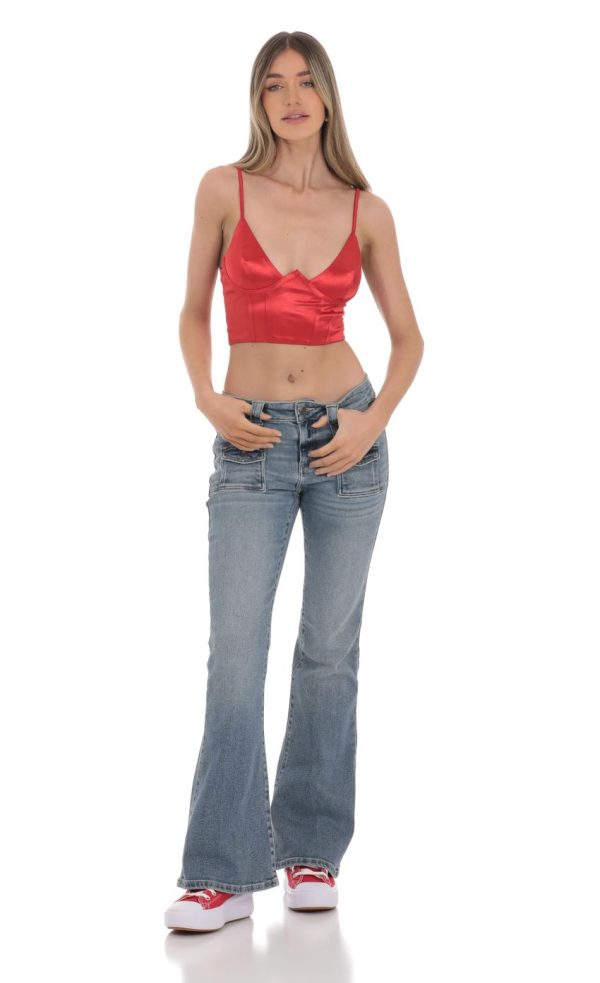 Satin V-Neck Crop Top in Red - Image 4