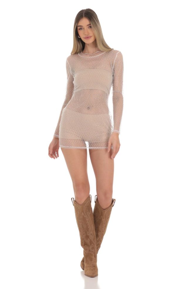 Mesh Rhinstone Dress in White