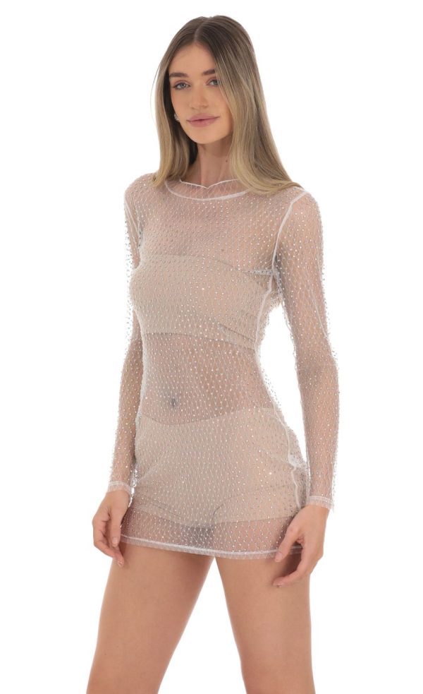 Mesh Rhinstone Dress in White - Image 3