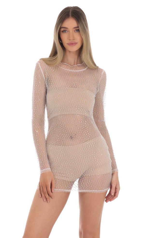 Mesh Rhinstone Dress in White - Image 4