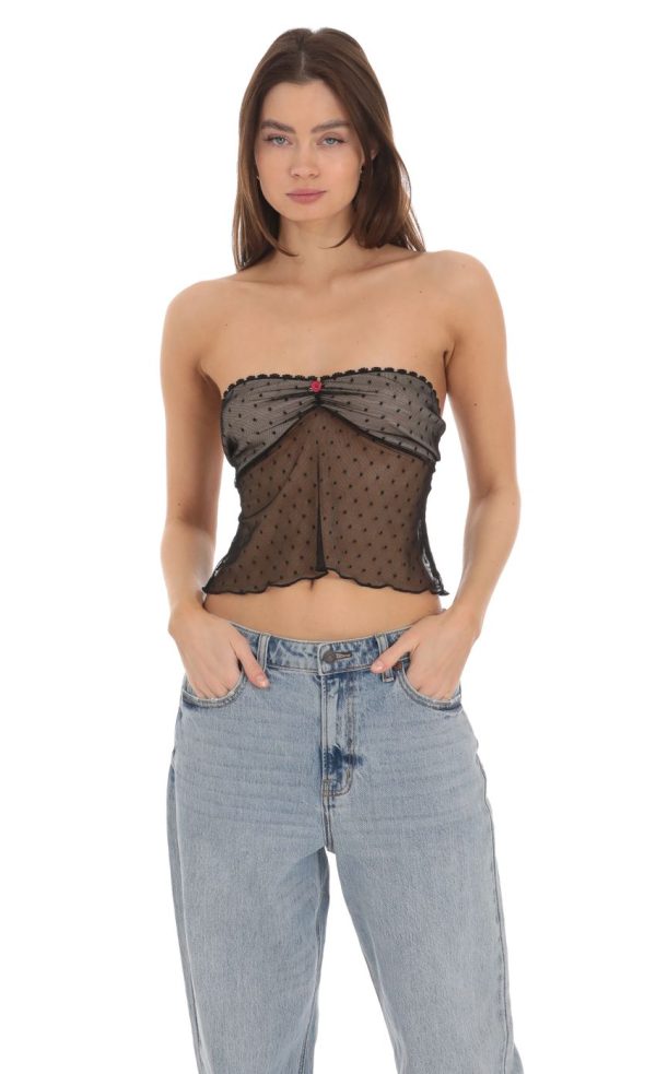 Dotted Strapless Babydoll Top in Black